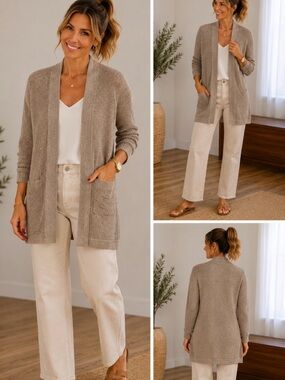 Chico's Metallic  Taupe Open-Front Knit Cardigan